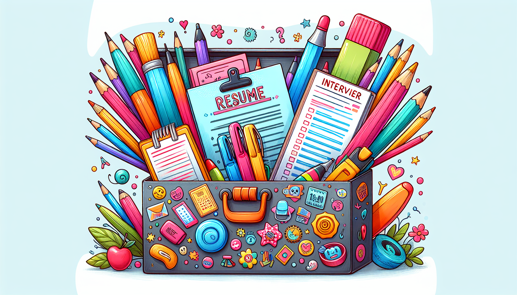 A cartoon representation of a comprehensive career toolkit including resumes and cover letters.