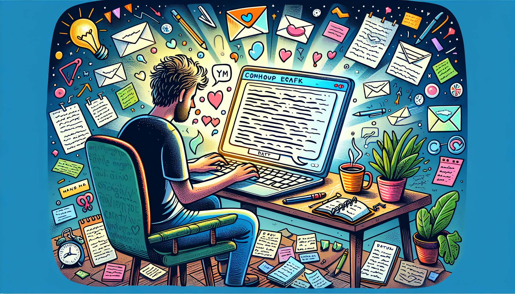 An illustration of a person crafting a follow-up email on a computer.